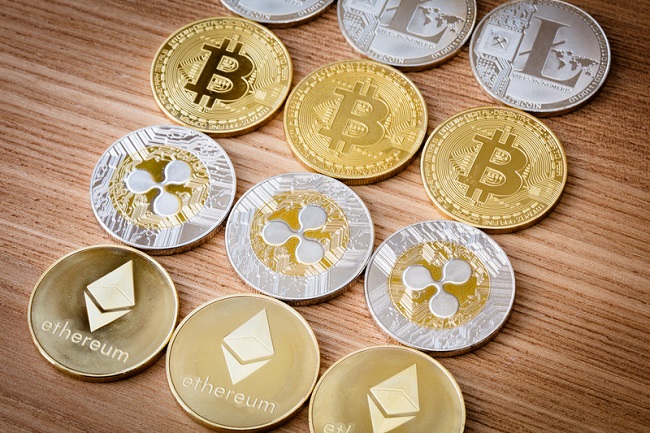 Crypto coins on table