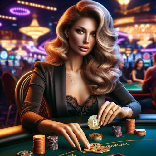 woman play with bitcoins on poker table